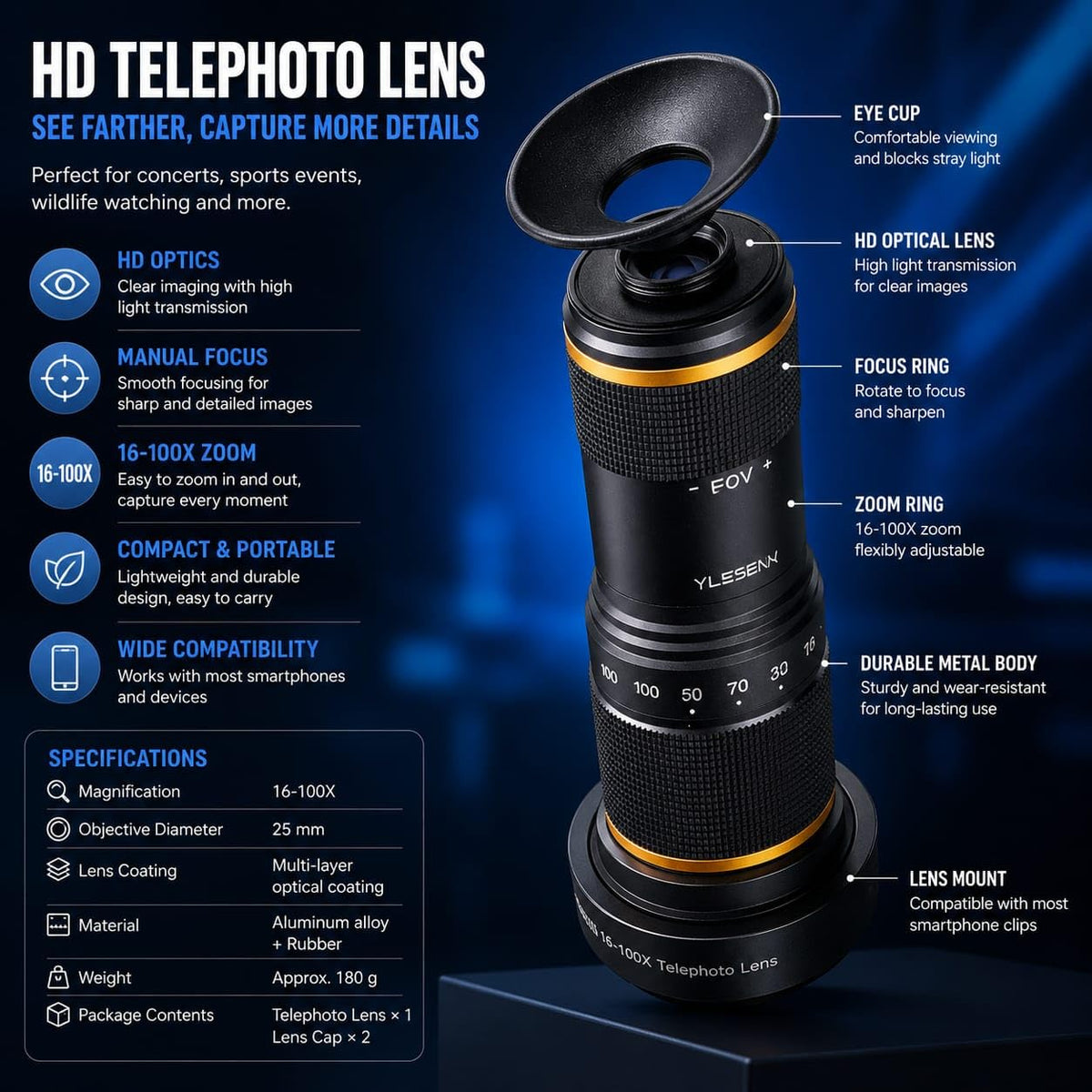 36X Telephoto Lens (17mm) for Smartphones with Clip and Handheld Tripod (view 7)
