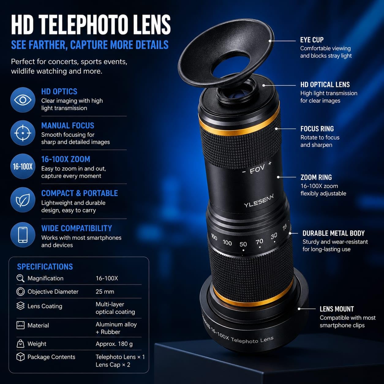 36X Metal Telephoto Lens Kit with Lens Clip & Handheld Tripod, Mobile Phone Camera Lens for Photography