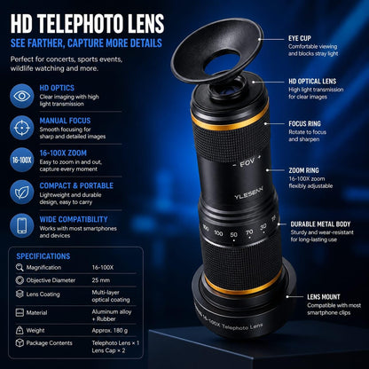 36X Metal Telephoto Lens Kit with Lens Clip & Handheld Tripod, Mobile Phone Camera Lens for Photography