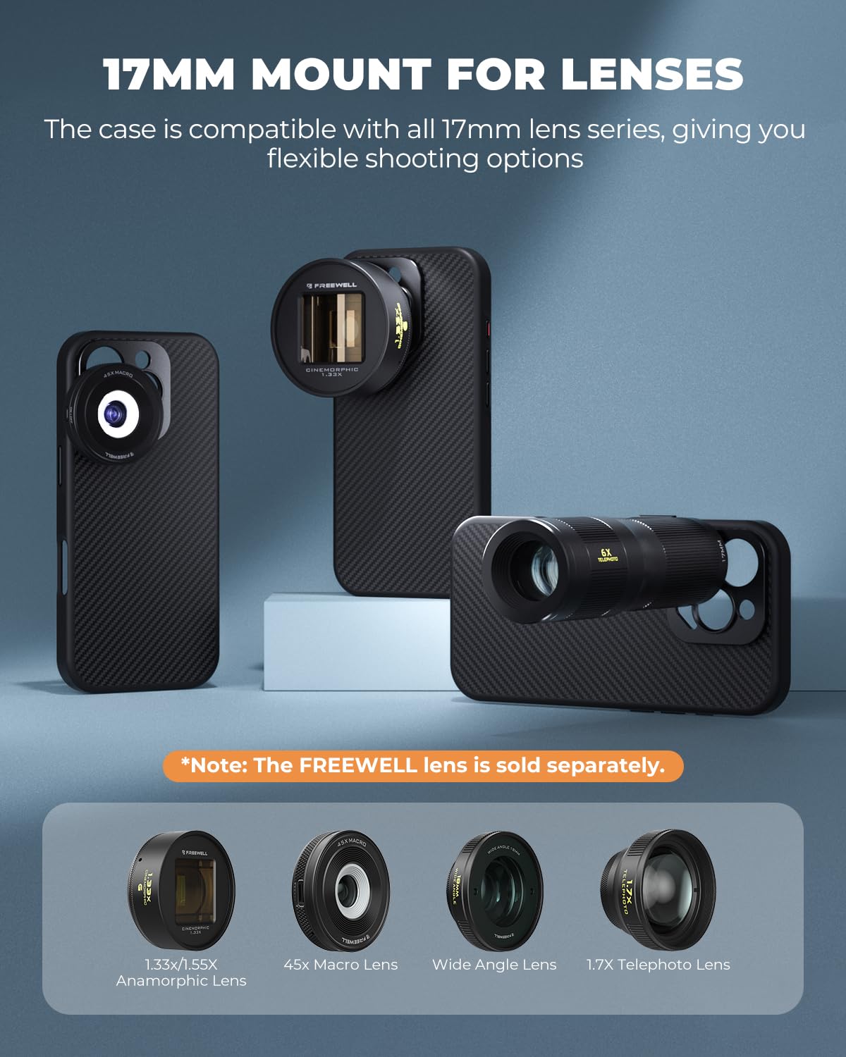 FREEWELL Cellular Phone CASE for iPhone 15 Pro Magnetic Filter Support, 17mm Lens Slot, Black