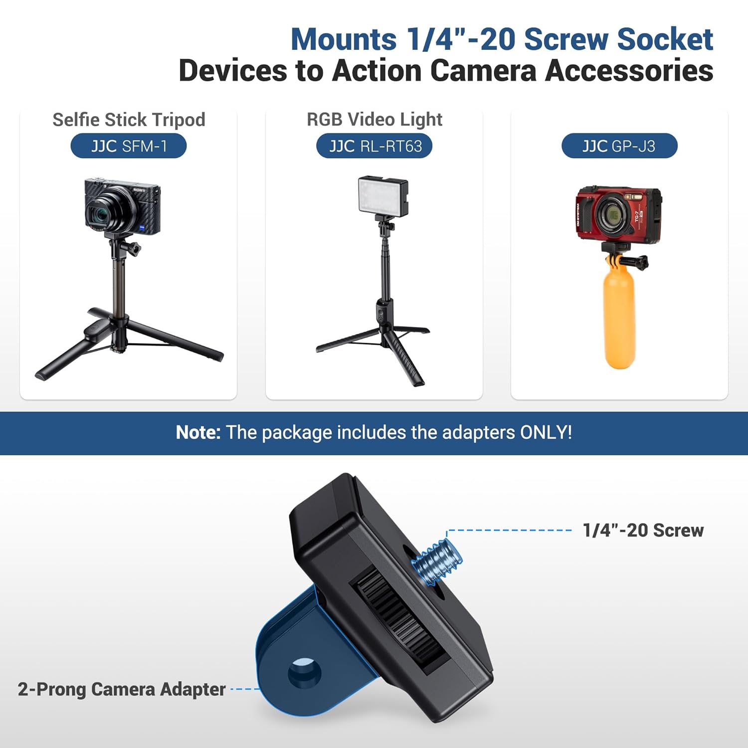 JJC 1/4"-20 Screw to 2-Prong Camera Mount Adapter For DJI Pocket Series, insta360 X2/ X3/ X4/ X5, Gopro Series,Any Action Camera Mounting Accessories