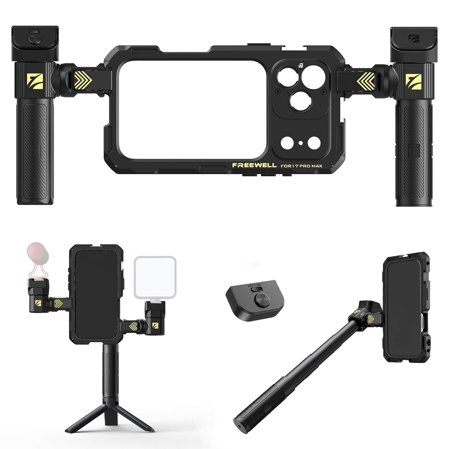 Freewell Genius Rig Cage for iPhone 17 Pro Max -  Multifunctional Tripod and Monopod Handles, Bluetooth Remote