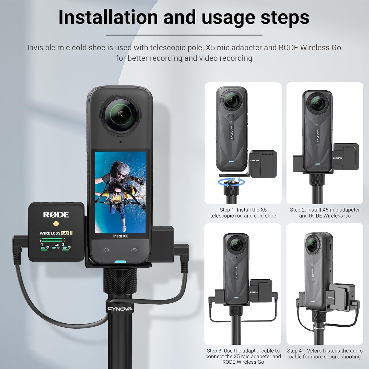 CYNOVA Invisible Mic Cold Shoe for Insta360 X5, RØDE Wireless GO Microphone Holder(with 3.5mm Audio Cable), Insta 360 X5 Accessories