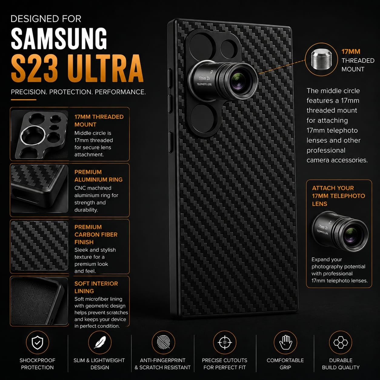 Phone Case For Samsung Galaxy S23 Ultra Supports 17mm Telephoto, Macro & Wide-Angle Lenses 