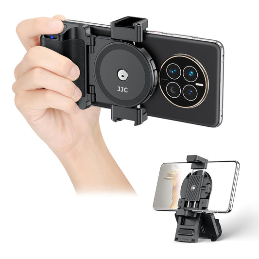 JJC Phone Camera Grip with Wireless Remote, Smartphone Remote Grip Handle with Adjustable Phone Clamp & Two Cold Shoe Mounts for iPhone Samsung Android Phone 