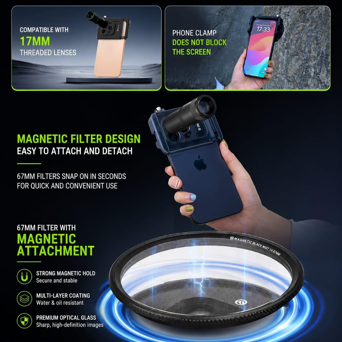 GetZget® OfeooAi Magnetic Camera 17mm Lens/Nd Filter Adapter | Magnetic Quick Release Base| For iPhone 13 to 16 Series Pro/Max