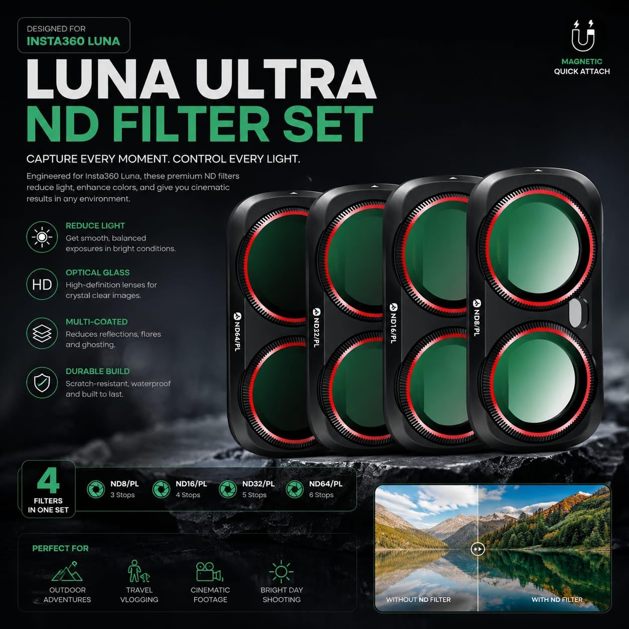 ND/PL Filter Set for Insta360 Luna Ultra | ND8/ PL, ND16/ PL, ND32/ PL, ND64/ PL 