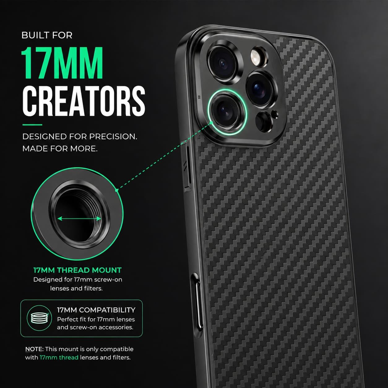 17mm Lens Mount Phone Case For iPhone 15 Pro | Supports 17mm Telephoto, Macro & Wide-Angle Lenses 