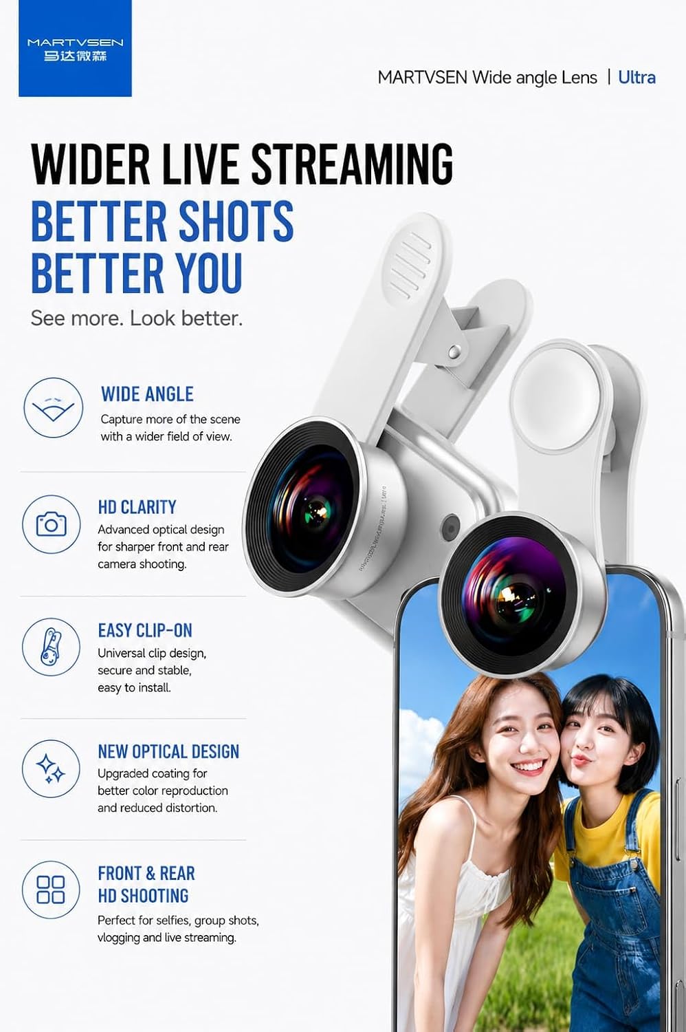 Selfie Wide Angle Lens for Smartphones, Universal Clip-On Camera Lens with Holder Clip
