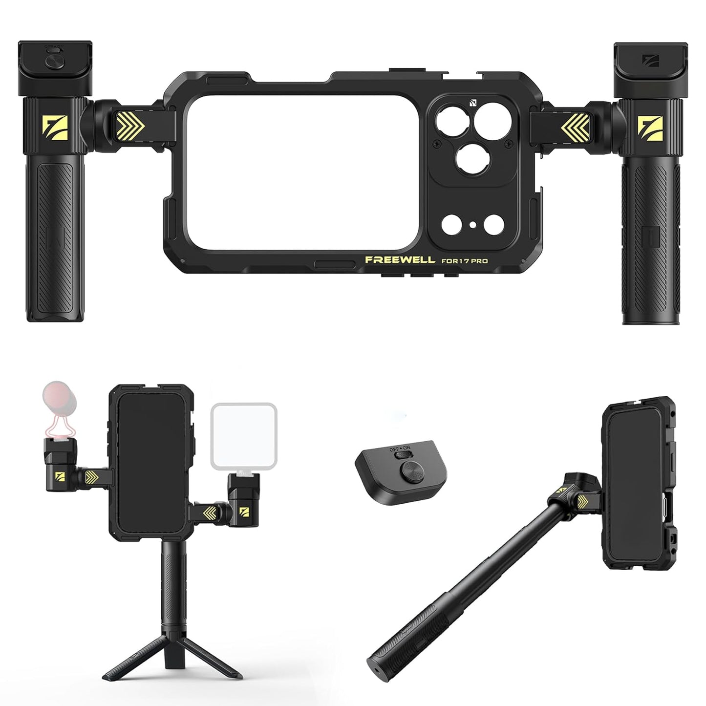 Freewell Genius Rig Cage for iPhone 17 Pro Multifunctional Tripod and Monopod Handles, Bluetooth Remote