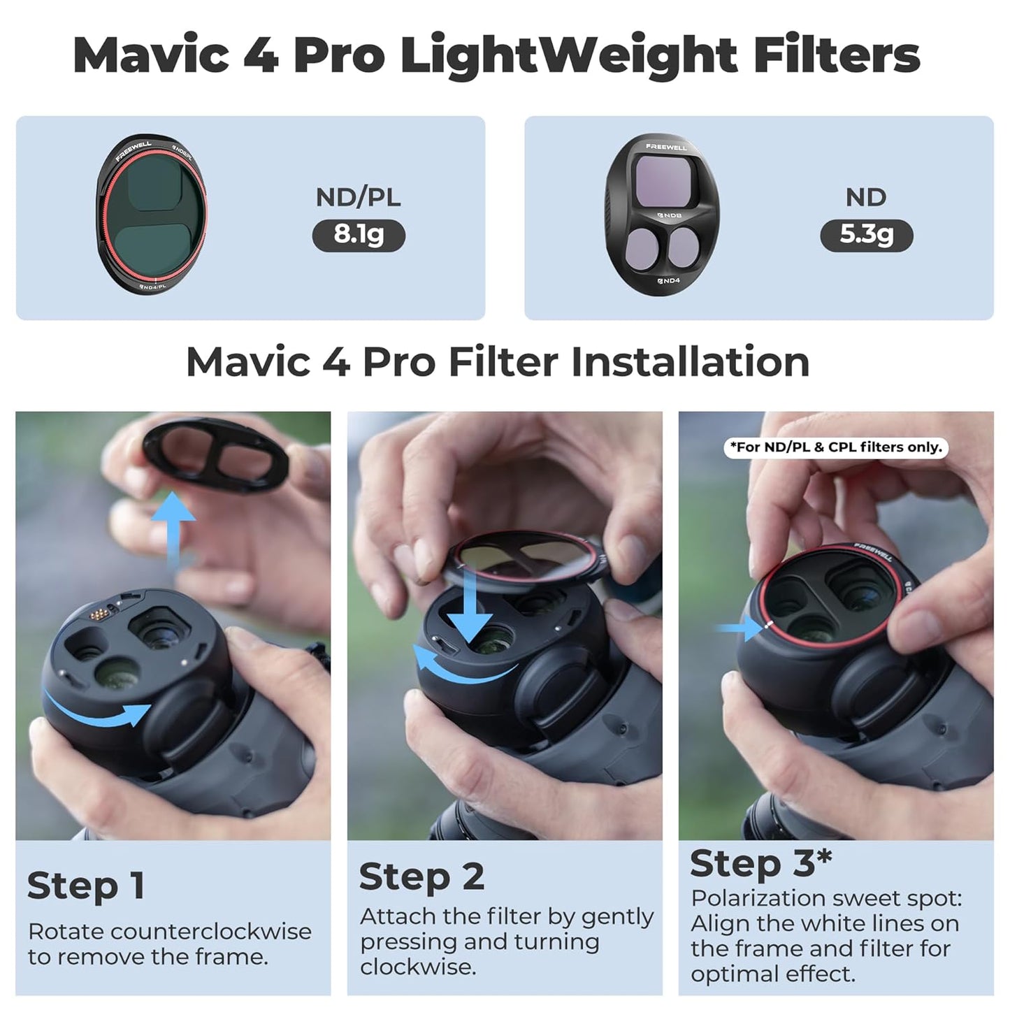 Freewell All Day 8-Pack Split ND & ND/PL Filters for DJI Mavic 4 Pro — Complete ND4 to ND64 Set with Polarizers for Full-Day Light Control, Glare Reduction & Vibrant Aerial Shots
