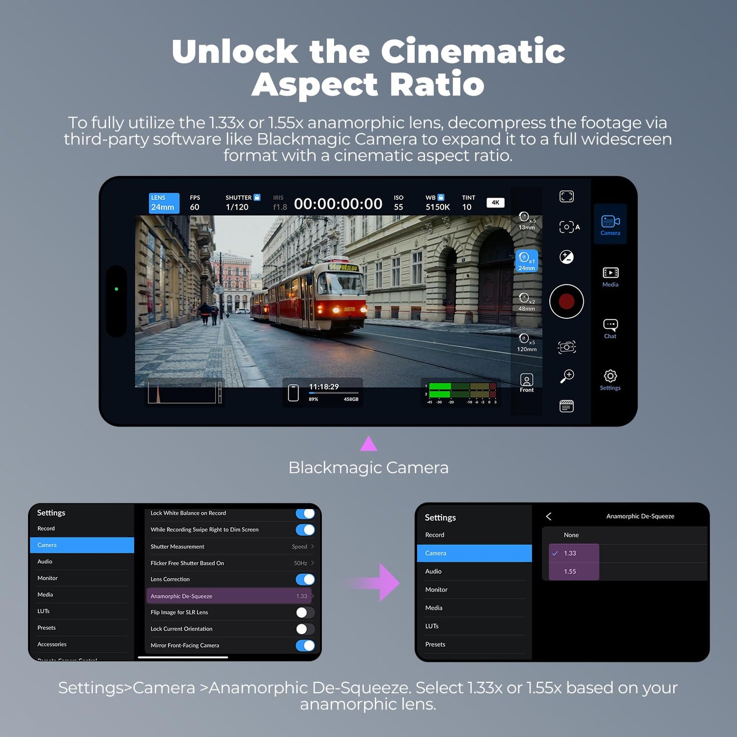 FREEWELL 1.33x Anamorphic Lens for iPhone & Samsung - 3-in-1 Streak Color (Neutral, Gold, Blue) Works with 17mm Phone Case