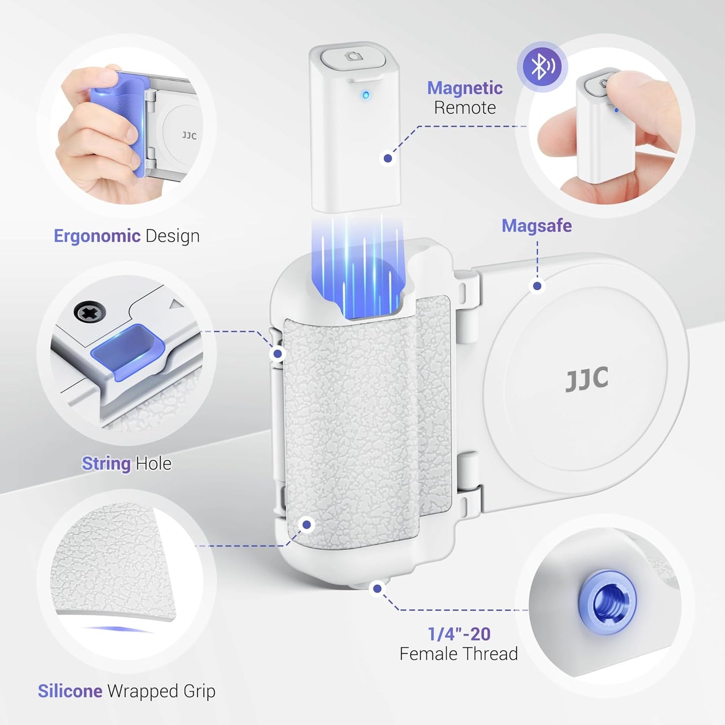 JJC Magnetic Phone Camera Grip Handle with Wireless Shutter Remote, Magsafe Camera Handle Bluetooth Bracket for iPhone Android Smartphone with 1/4” Tripod Screw for Video Photo Shooting (White)