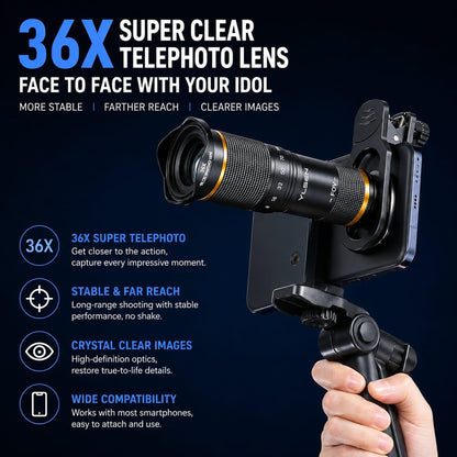 36X Metal Telephoto Lens Kit with Lens Clip & Handheld Tripod, Mobile Phone Camera Lens for Photography