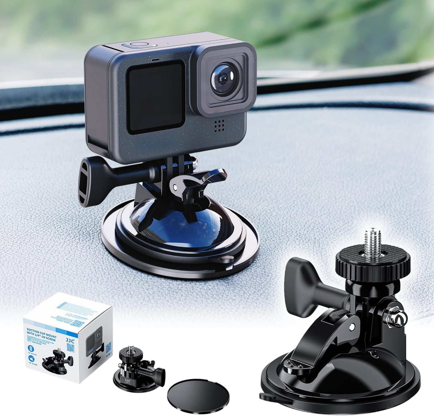 JJC Suction Cup Mount with 1/4"-20 Screw for DJI OSMO Nano Action 6/5 Pro 4 3 Action Camera, Strong Stable Suction Cup Base For Gopro 13 12 11 10, for Insta360 X5 X4 X3 OSMO 360 Car Mount