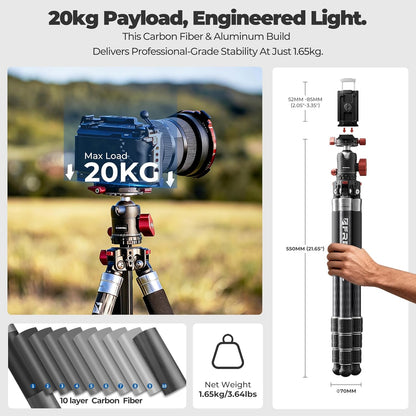 The Real Multi-Tripod 5-in-1 Carbon Fiber Design for Cameras & Smartphones, Tripod, Monopod, Trekking Pole, Desktop Mode – Up to 20kg Payload