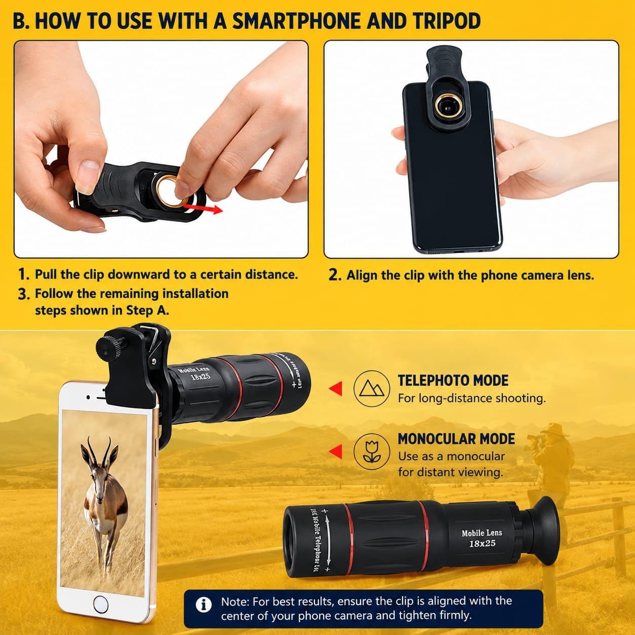 Getzget 18X Telephoto Lens For iPhone & Smartphones, Universal 17mm Mobile Camera Zoom Lens with Clip