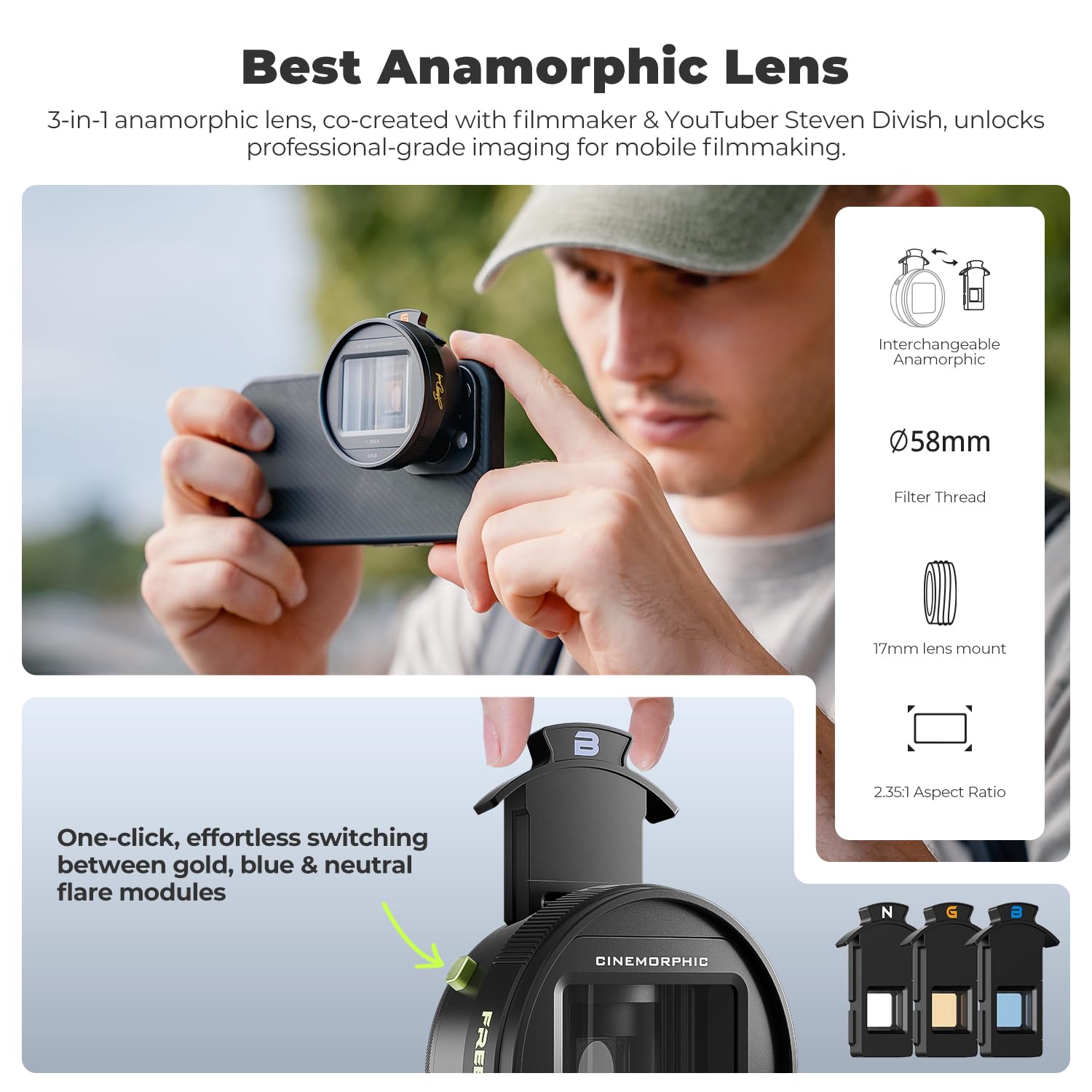 FREEWELL 1.33x Anamorphic Lens for iPhone & Samsung - 3-in-1 Streak Color (Neutral, Gold, Blue) Works with 17mm Phone Case