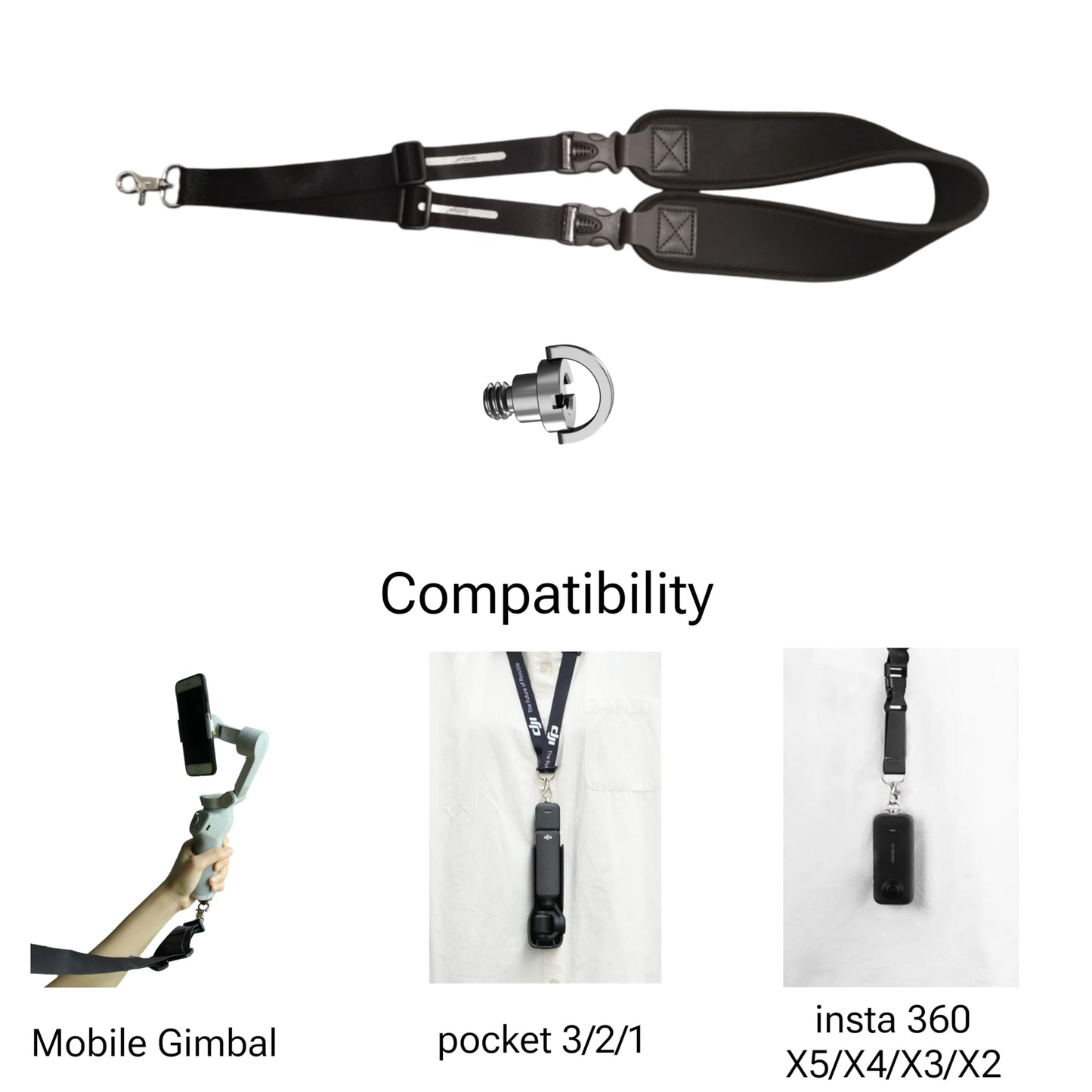 GetZget Neck Strap Lanyard For DJI Pocket 3/2/ 1, insta360 X5/ X4/ X3/ X2, Om 8/7/ 6/5/4 Mobile Gimbal with 1/4th Screw (Strap with 1/4th Screw)