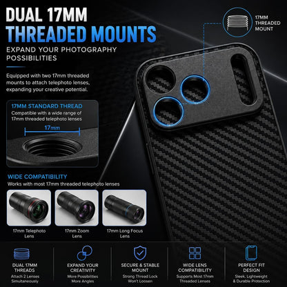 A black carbon-fiber-pattern phone case with two circular threaded lens mounts, shown on a dark promotional background with text callouts about dual 17mm threaded mounts and wide compatibility.