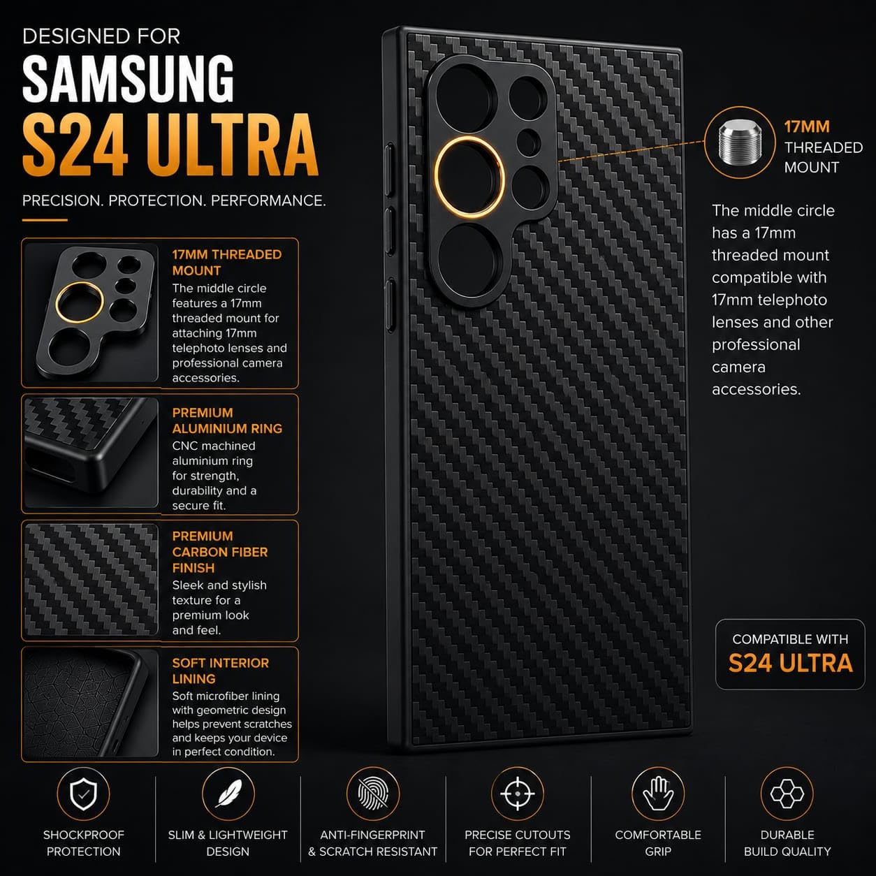 Phone Case Samsung Galaxy S24 Ultra  Supports 17mm Telephoto, Macro & Wide-Angle Lenses