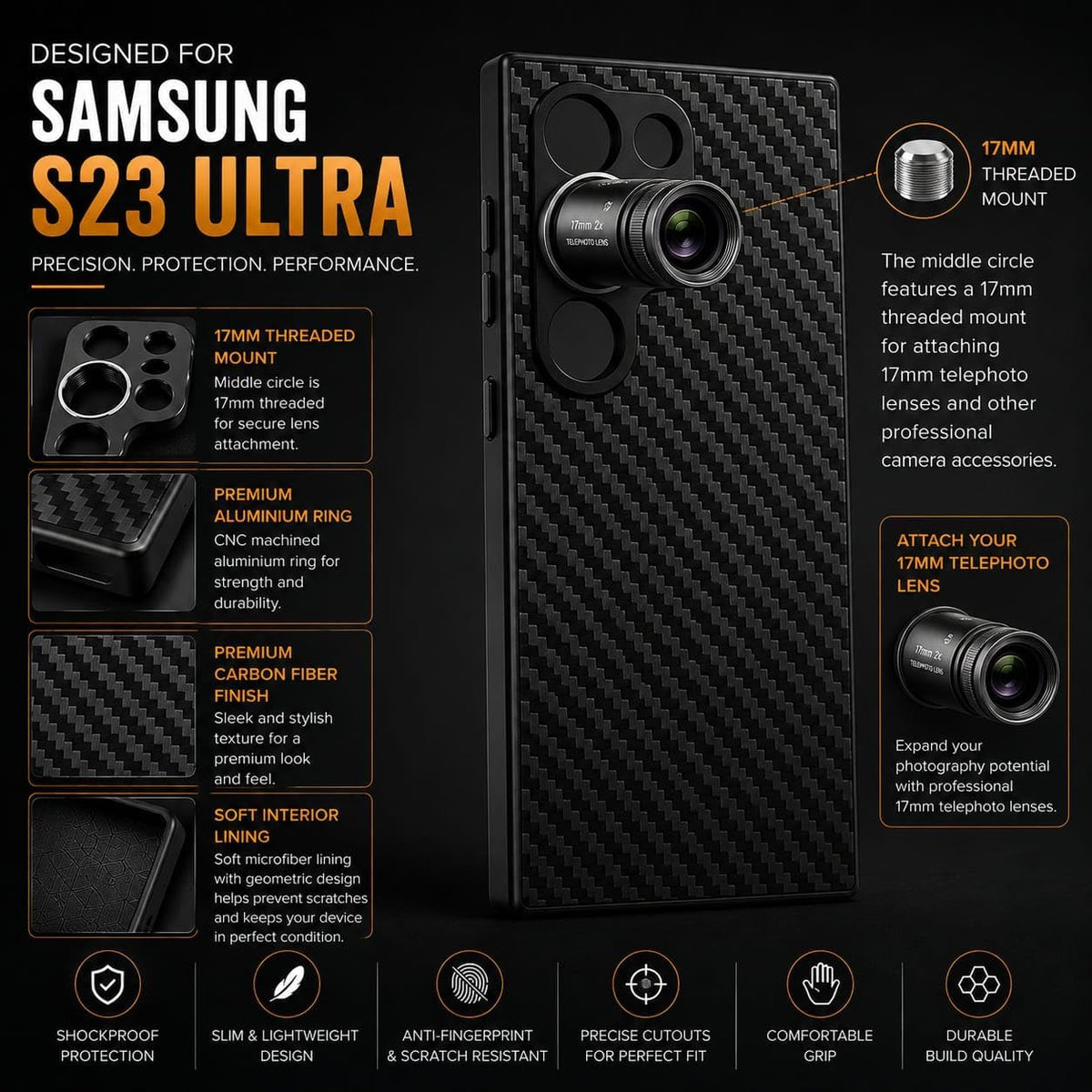 17mm Lens Mount Phone Case For Samsung Galaxy S23 Ultra 