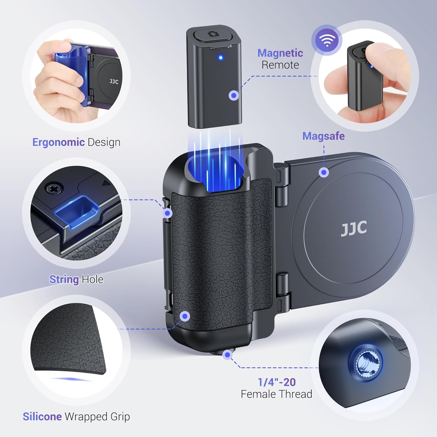 JJC Magnetic Phone Camera Grip Handle with Wireless Shutter Remote, Magsafe Camera Handle Bluetooth Bracket for iPhone Android Smartphone