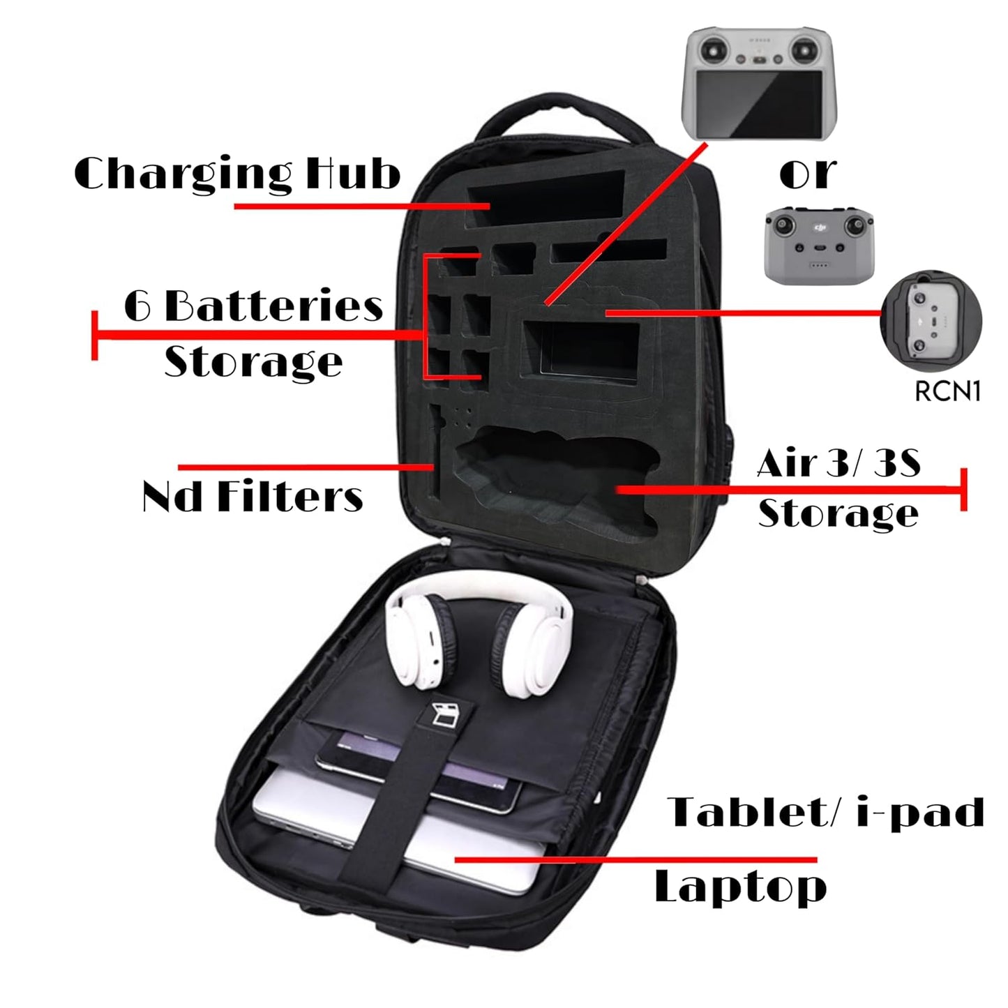Carrying case Bag For DJI Air 3/ 3S & Accessories Storage Backpack Equipped with Number Lock, EVA Foam, Double Safety Belt & Charging Point (Black)