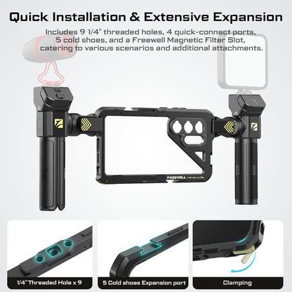 Freewell Genius Rig Cage for Samsung S25 Ultra – Tool-Free Setup, Tripod and Monopod Handles, Bluetooth Remote