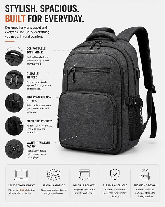 Laptop Bag Multipurpose Fashion Hard Case Backpack For School/College/Office Bag With USB Charging Port