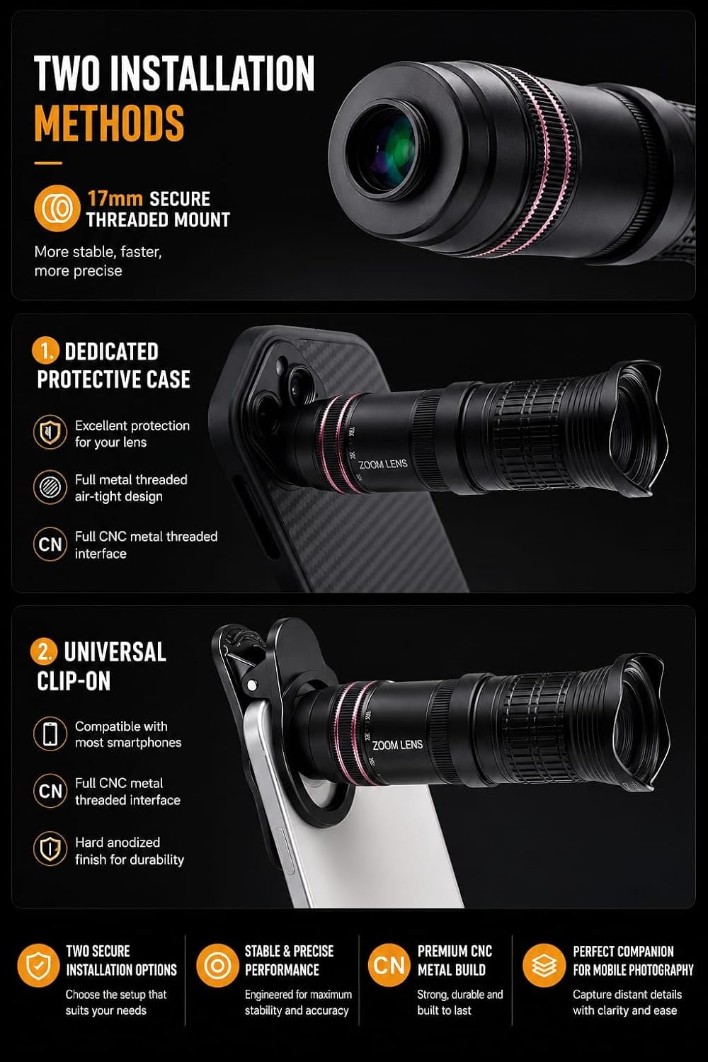 GetZget® Telephoto Lens 15-45X Rotatable For Smartphones, Universal 17mm Mobile Camera Zoom Lens with Clip, Storage Case Portable Phone Camera Lens Kit, Compatible with iPhone & Android (Black)