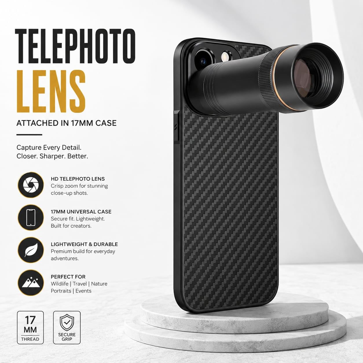 17mm Lens Mount Phone Case For iPhone 15 Pro | Supports 17mm Telephoto, Macro & Wide-Angle Lenses 