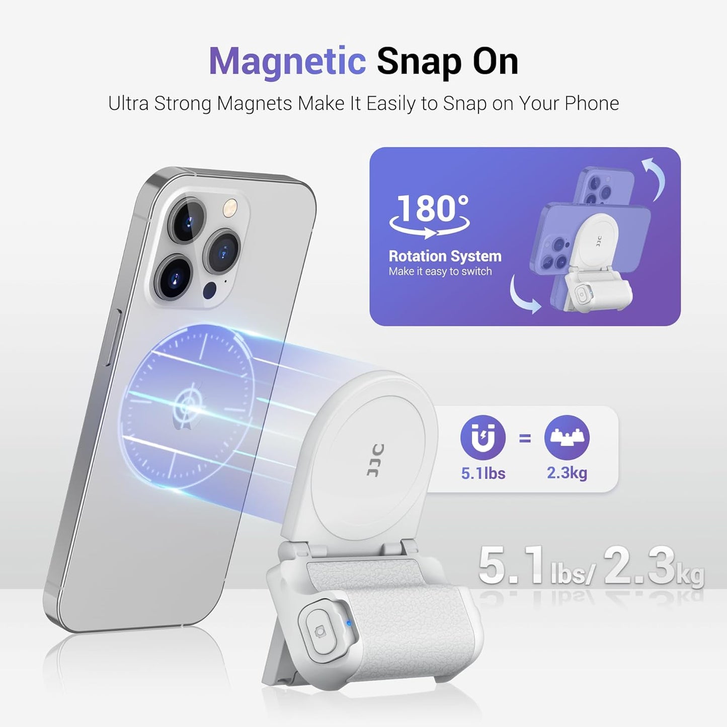 JJC Magnetic Phone Camera Grip Handle with Wireless Shutter Remote, Magsafe Camera Handle Bluetooth Bracket for iPhone Android Smartphone with 1/4” Tripod Screw for Video Photo Shooting (White)
