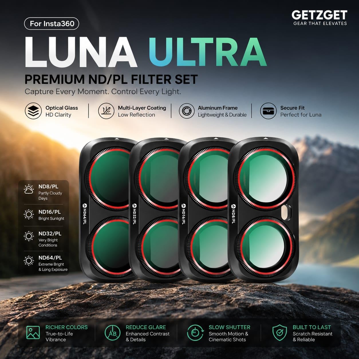 ND/PL Filter Set for Insta360 Luna Ultra | ND8/ PL, ND16/ PL, ND32/ PL, ND64/ PL 