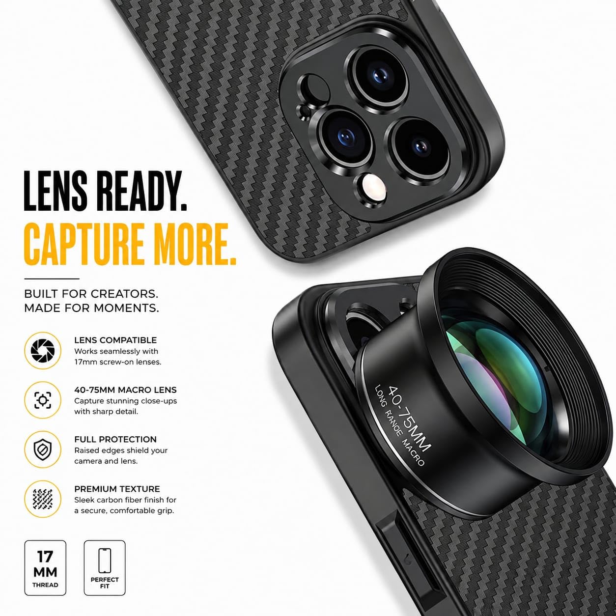 17mm Lens Mount Phone Case For iPhone 15 Pro Max | Supports 17mm Telephoto, Macro & Wide-Angle Lenses 