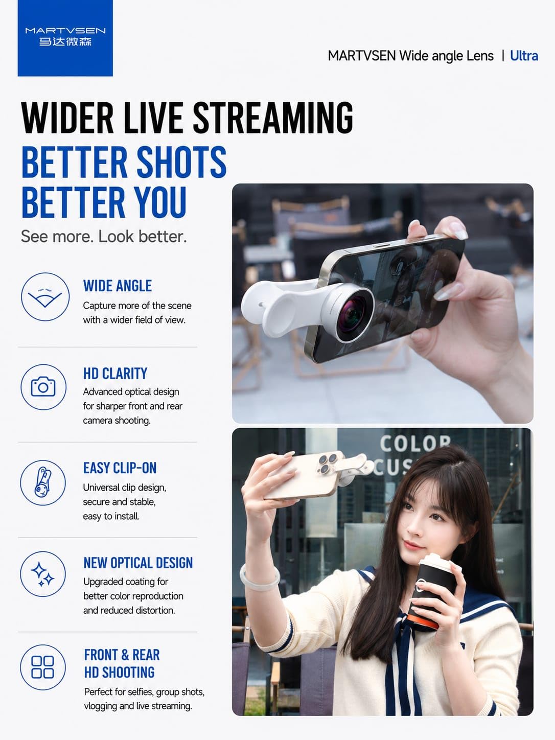 Selfie Wide Angle Lens for Smartphones, Universal Clip-On Camera Lens with Holder Clip