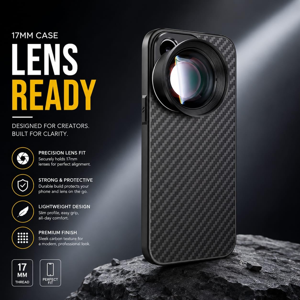 17mm Lens Mount Phone Case For iPhone 15 Pro | Supports 17mm Telephoto, Macro & Wide-Angle Lenses 