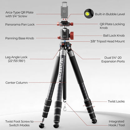 The Real Multi-Tripod 5-in-1 Carbon Fiber Design for Cameras & Smartphones, Tripod, Monopod, Trekking Pole, Desktop Mode – Up to 20kg Payload