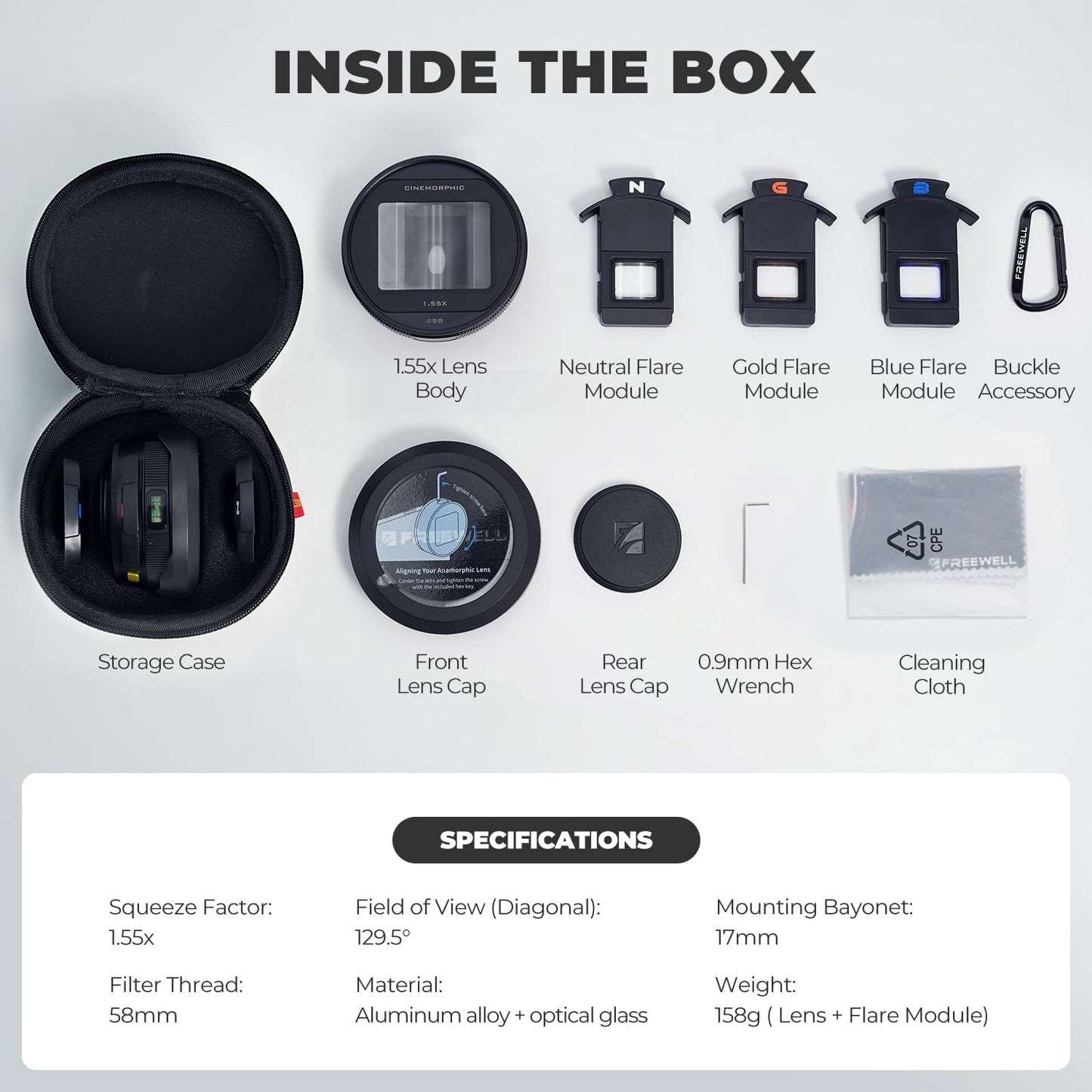 Freewell 1.55x Anamorphic Lens for iPhone & Samsung - 3-in-1 Streak (Neutral, Gold, Blue) - Cinematic Smartphone Lens with Oval Bokeh - Works with 17mm Mount Case & Cage