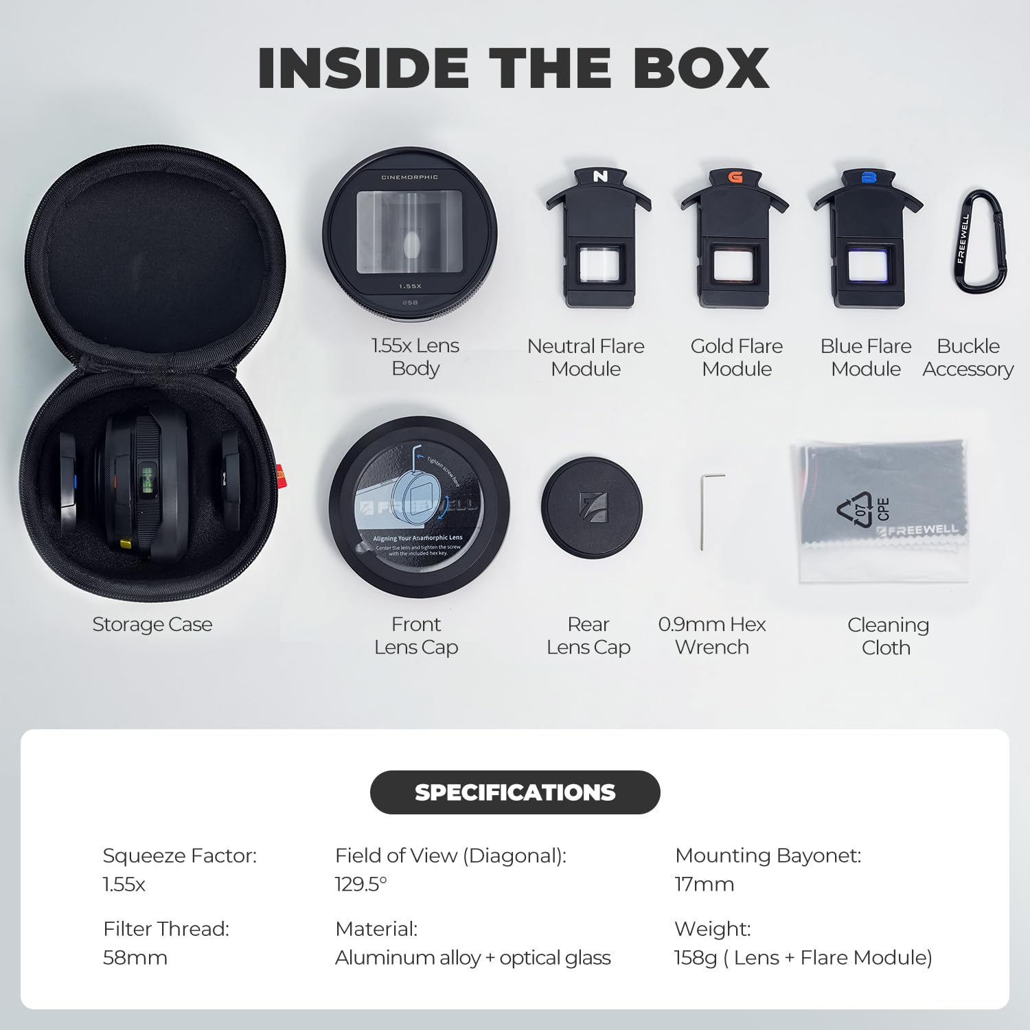 Freewell 1.55x Anamorphic Lens for iPhone & Samsung - 3-in-1 Streak (Neutral, Gold, Blue) - Cinematic Smartphone Lens with Oval Bokeh - Works with 17mm Mount Case & Cage