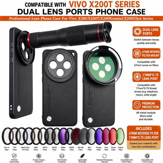 GetZget 17mm Phone Case For Vivo X200T with Lens Cap Cover Support 67mm ND Filter & 17mm Lens Accessories Metal Construction Black