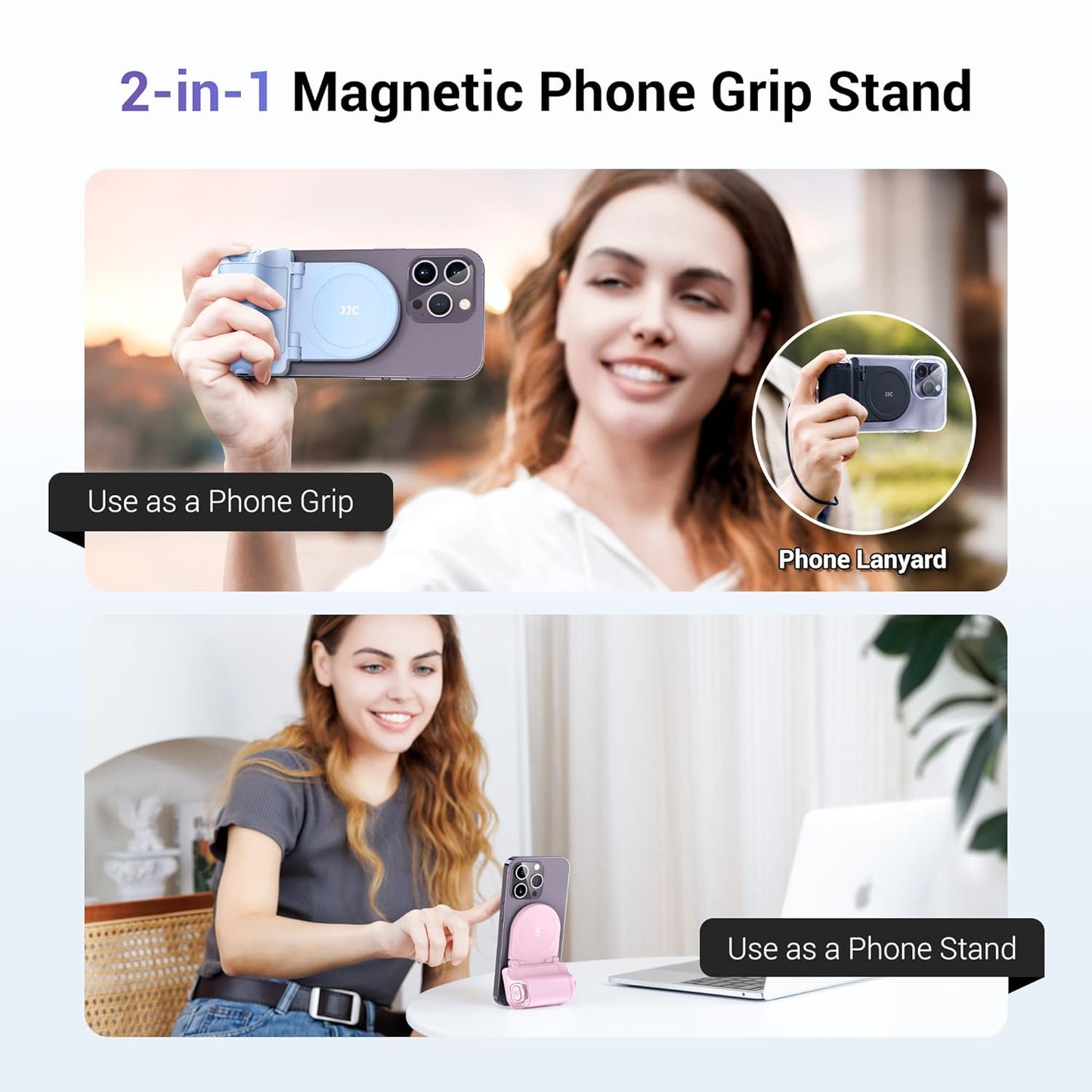 JJC Magnetic Phone Camera Grip Handle with Wireless Shutter Remote, Magsafe Camera Handle Bluetooth Bracket for iPhone Android Smartphone with 1/4” Tripod Screw for Video Photo Shooting (White)