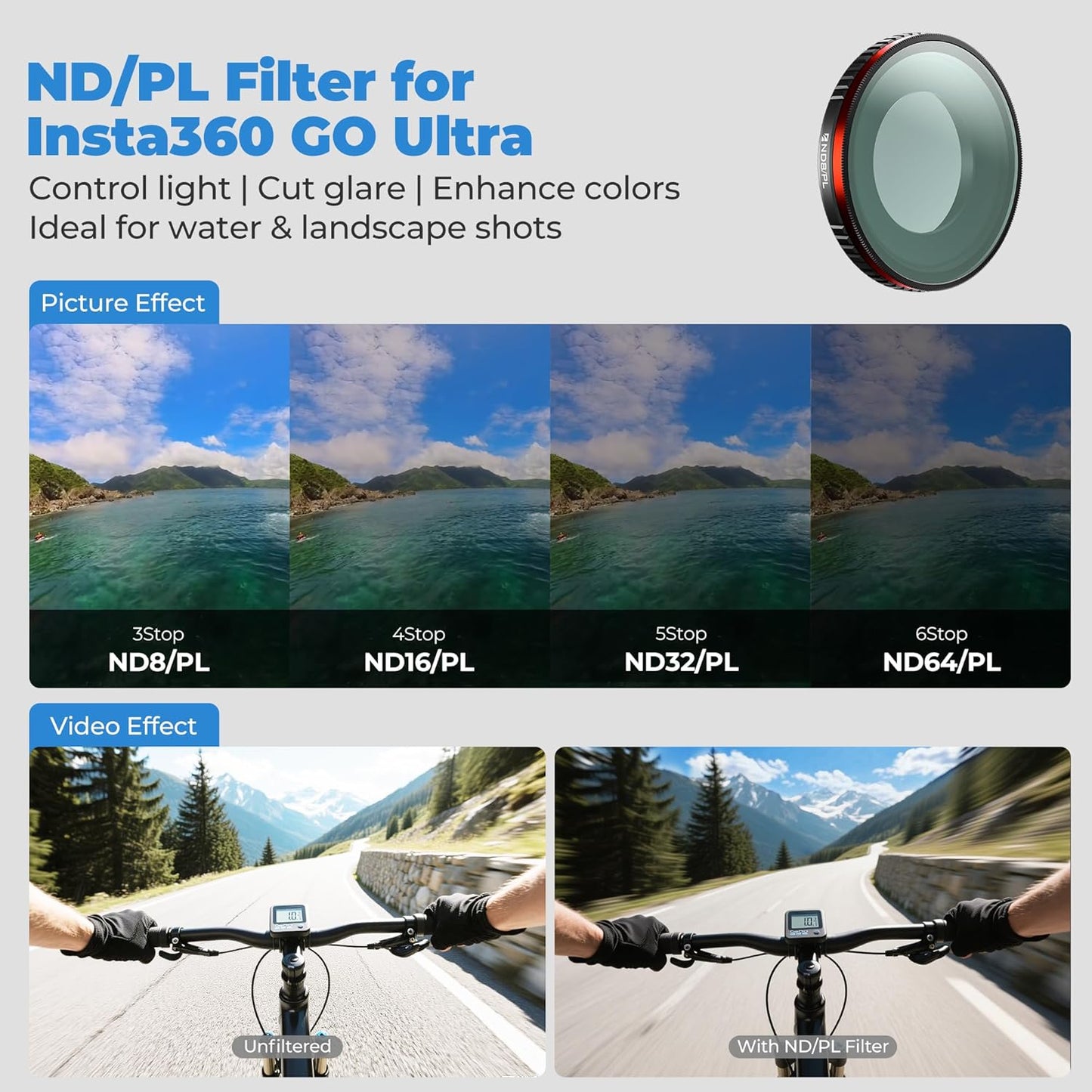 Freewell Bright Day Filter Kit for Insta360 GO Ultra – ND8/PL, ND16/PL, ND32/PL & ND64/PL Filters