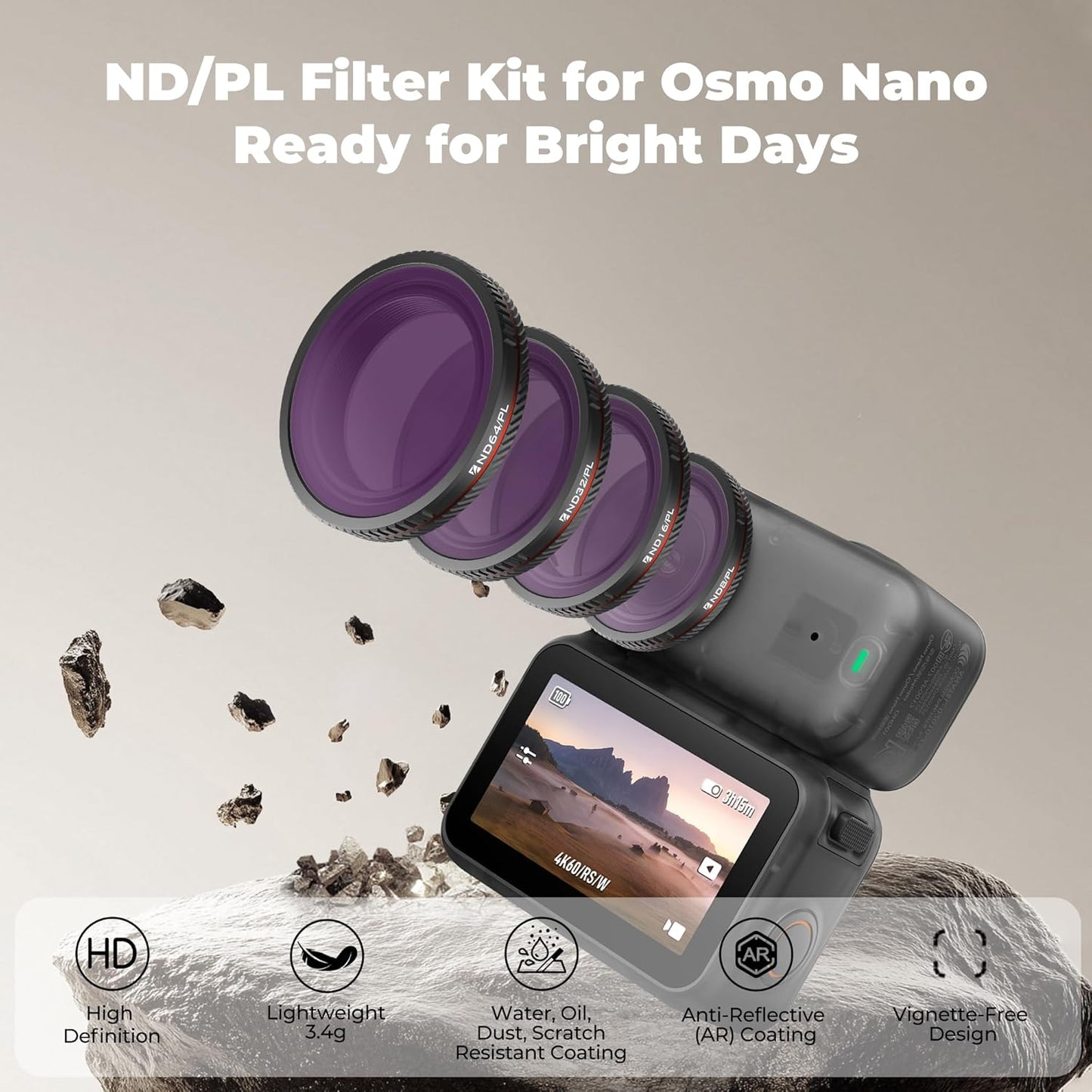 Freewell Bright Day Filter Kit for DJI Osmo Nano – ND8/PL, ND16/PL, ND32/PL & ND64/PL Filters