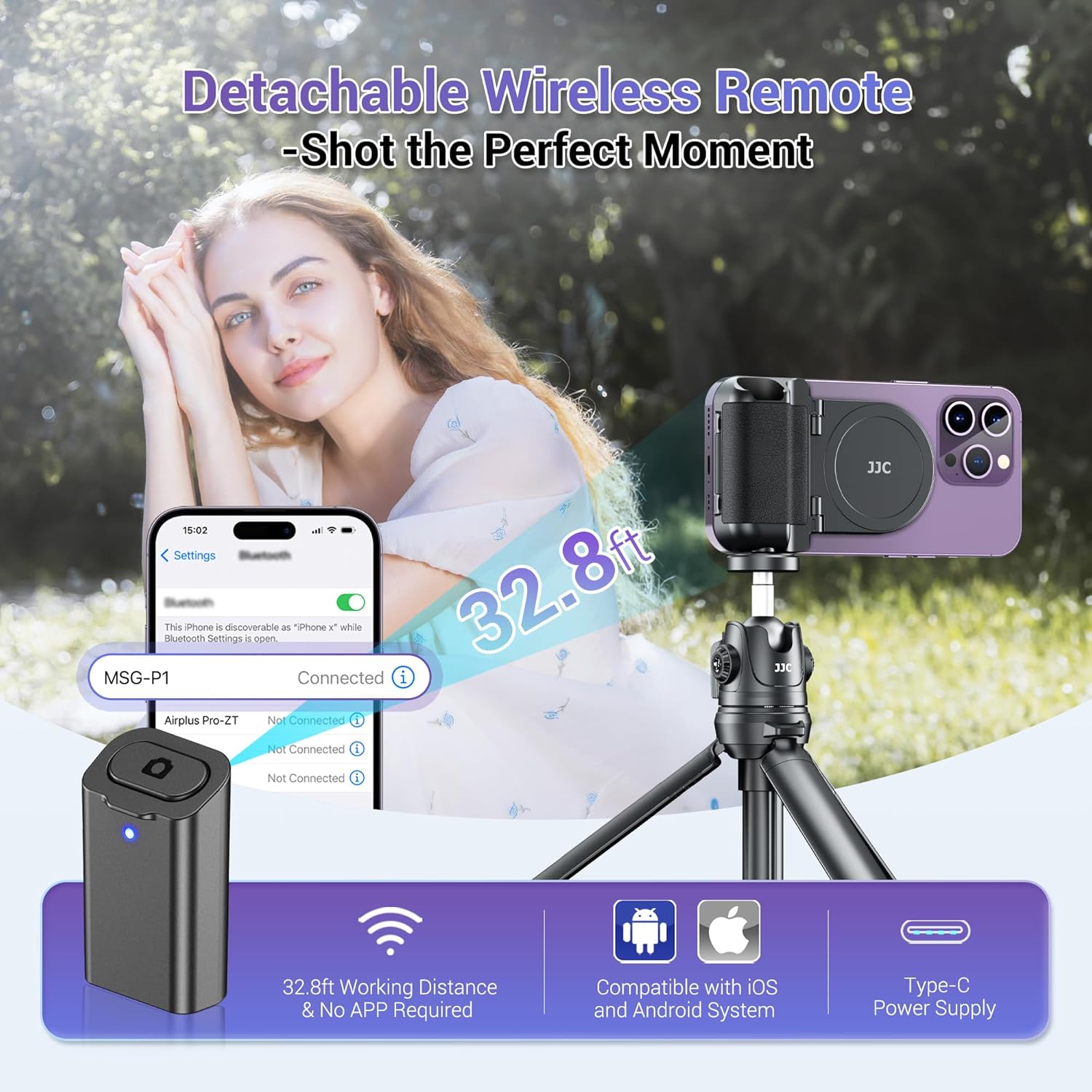 JJC Magnetic Phone Camera Grip Handle with Wireless Shutter Remote, Magsafe Camera Handle Bluetooth Bracket for iPhone Android Smartphone