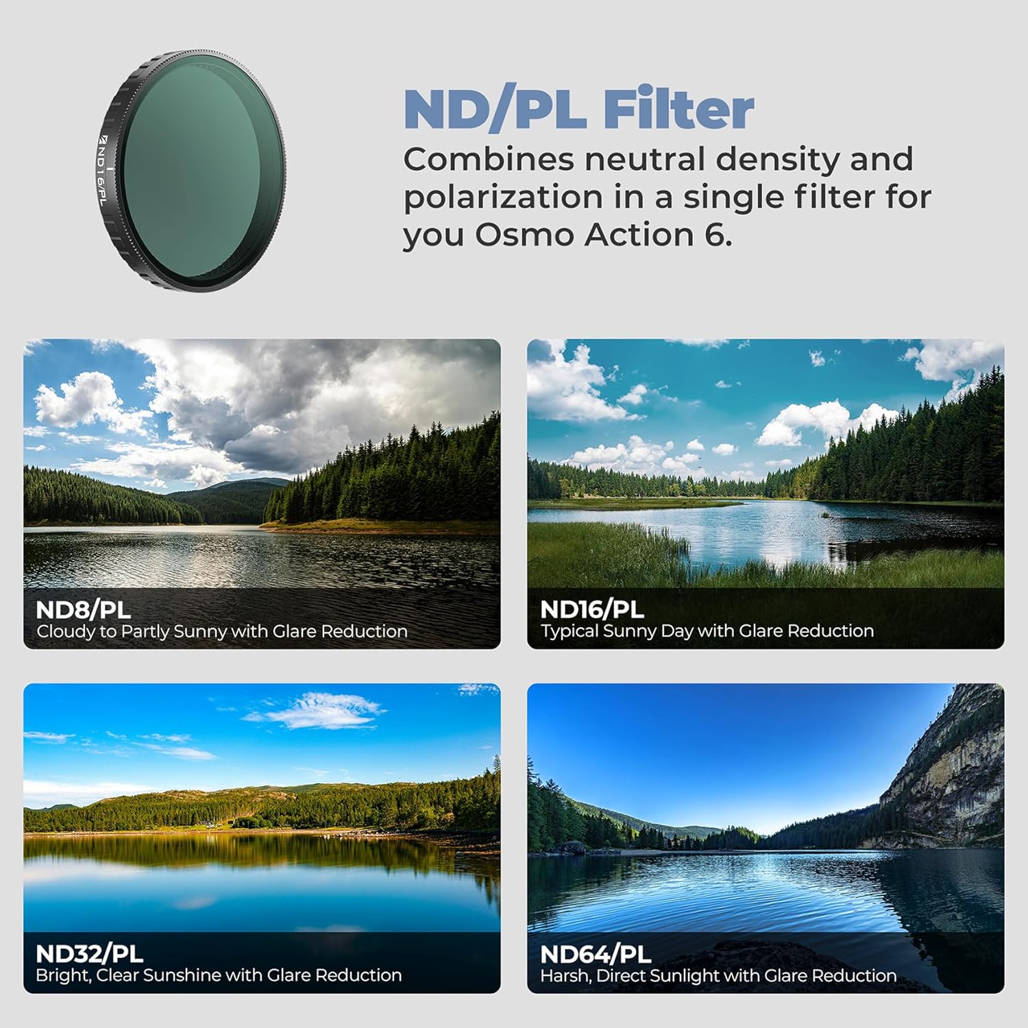 Freewell ND8/PL, ND16/PL, ND32/PL, ND64/PL Polarized Filter Set for DJl Osmo Action 6