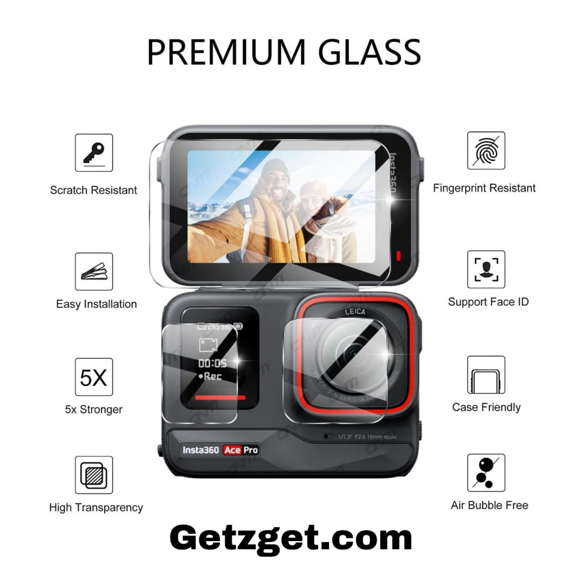 Tempered Glass Set for Insta360 Ace / Ace Pro (2 Screen, 2 Lens, 2 Display) (view 2)