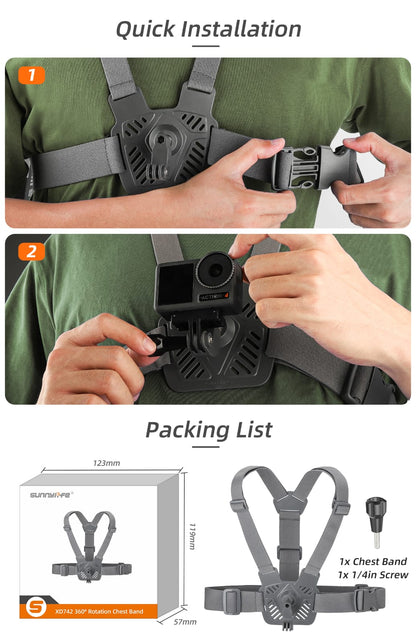 360° Rotation Adjustable Chest Mount Harness Strap for Action Cameras