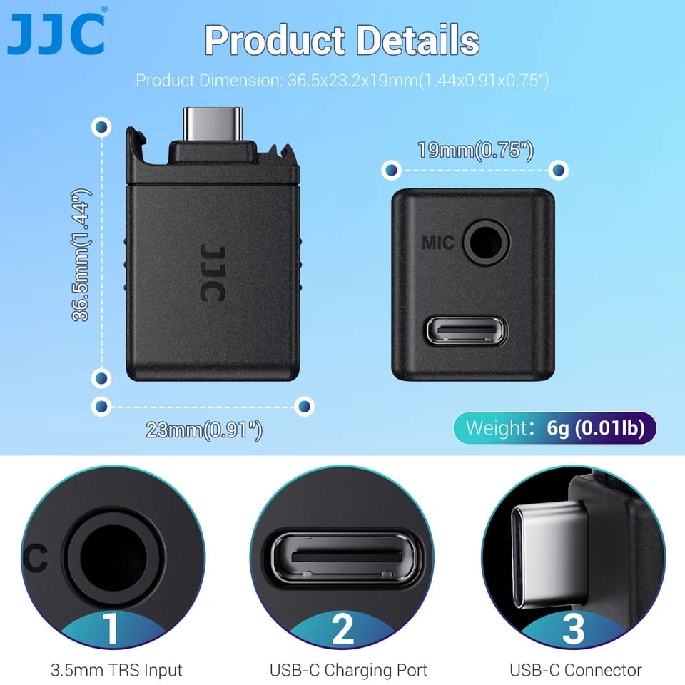 JJC 3.5mm USB-C Microphone Adapter Compatible with DJI Osmo Action 4 / Action 5 Pro – External Mic Audio Adapter Dongle – Type-C to 3.5mm Mic Input Converter Accessories