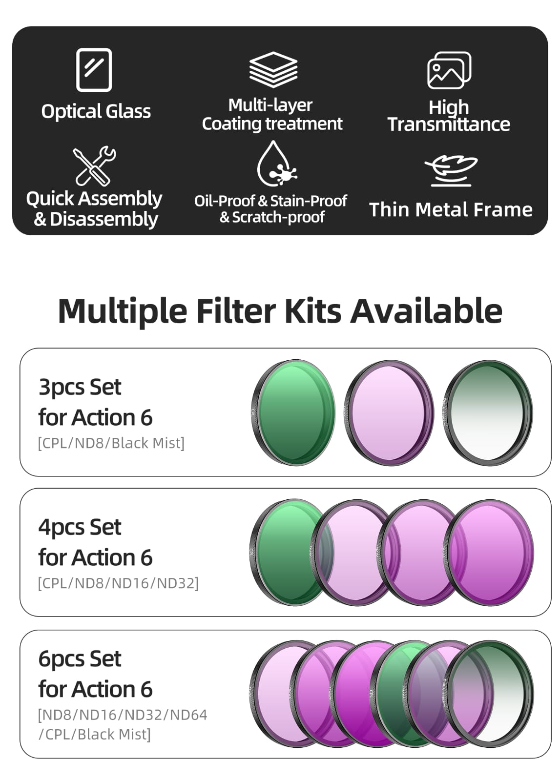  DJI Action 6 Multi-Coated German Glass, Premium ND Filters 6 in 1 Set